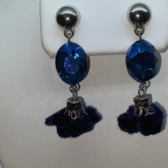 Silver-Tone Blue Beaded & Pom-Pom Dangle Earrings - Picture 2 of 7